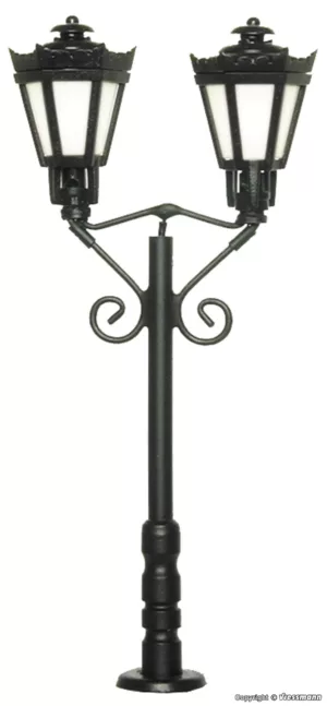 H0 Parklaterne zweiflammig, schwarz, LED warmweiss