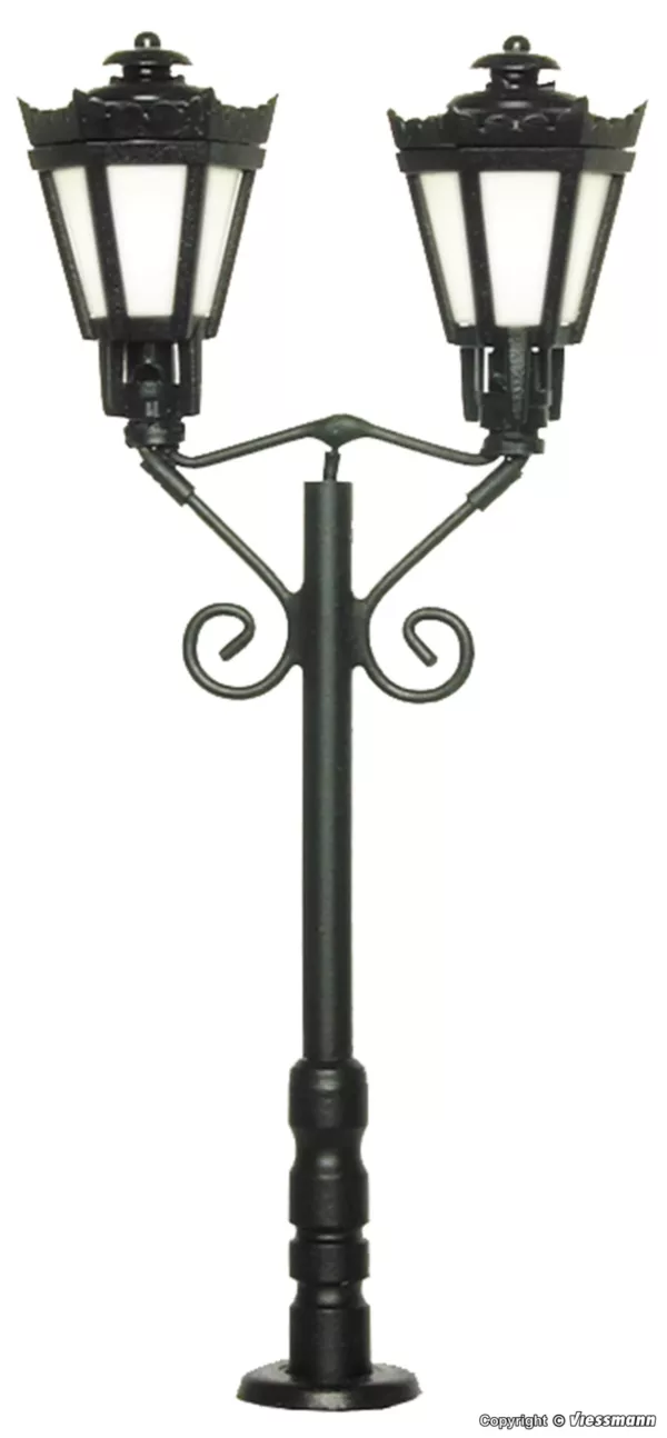 H0 Parklaterne zweiflammig, schwarz, LED warmweiss