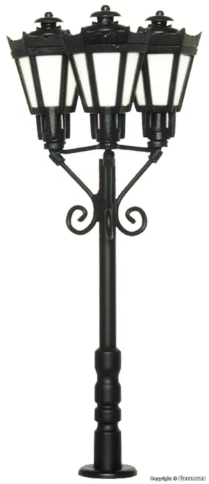 H0 Parklaterne dreiflammig, schwarz, LED warmweiss